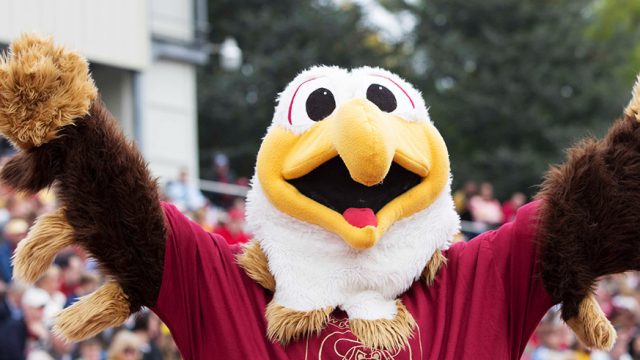 Ernie the Eagle cheering at a BC football game