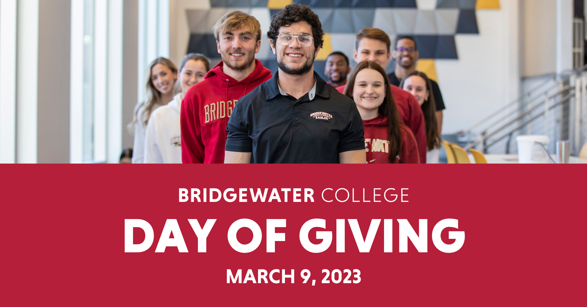 Picture of a group of students smiling with the words Day of Giving March 9, 2023 below on a crimson background