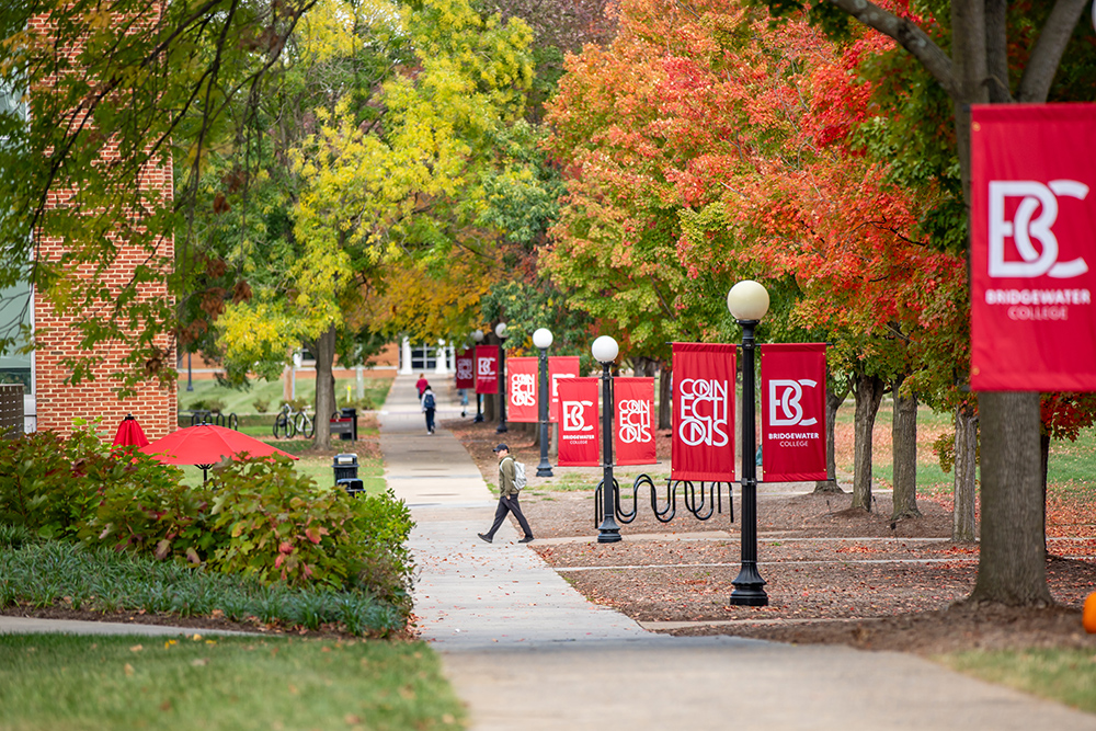 Bridgewater College campus with Connections banners in the fall