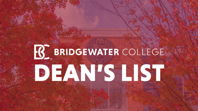 Bridgewater College Logo. Dean's List in white font over faded red background with picture of the Bridgewater College seal