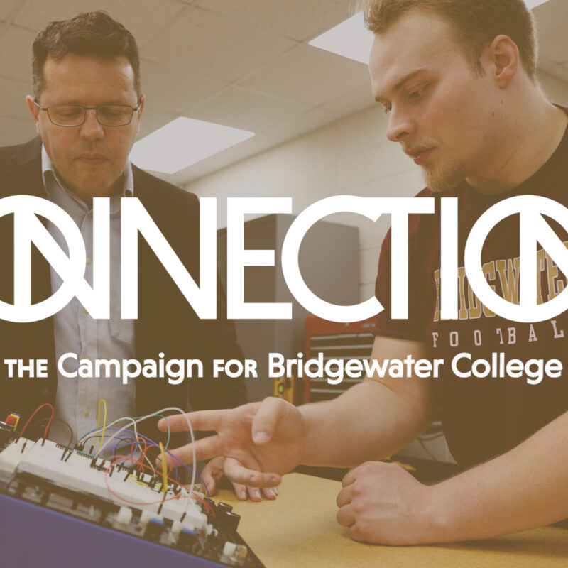 Connections logo with gold overlay over photo of engineering professor and student
