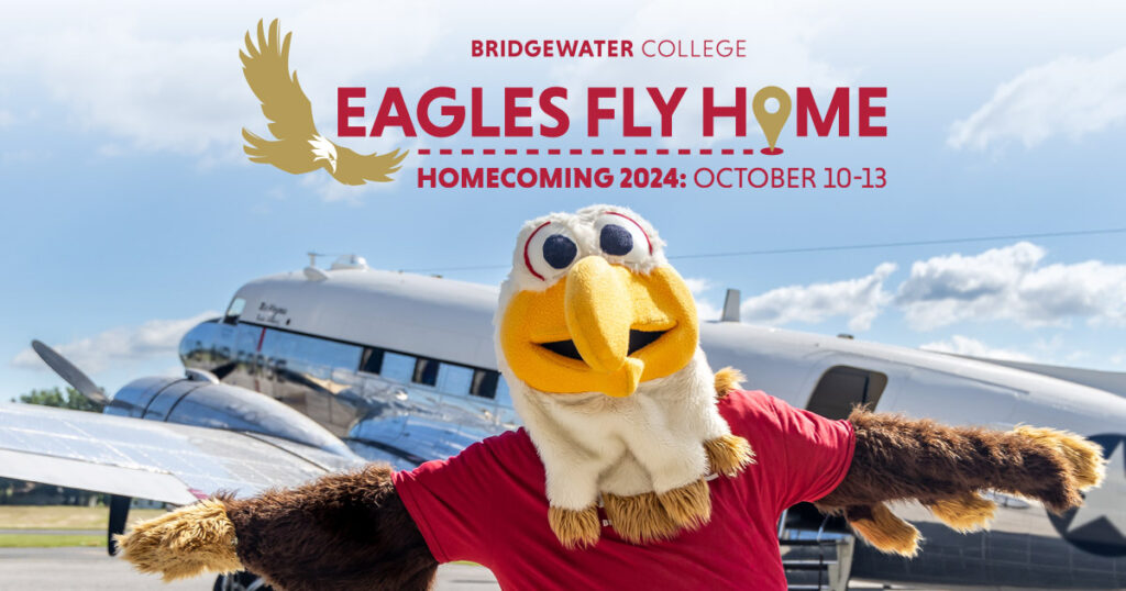 Bridgewater College. Eagles fly home. Homecoming 2024: October 10-13. Ernie standing with his arms spread like he is going to fly in front of a plane