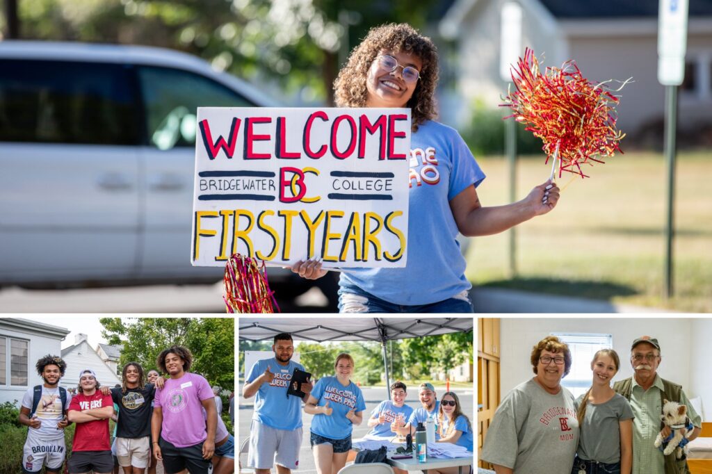 Collage of photos. Student holding sign that says Welcome First Years. Group of students smiling for camera. Students with Welcome Week Pro shirts on giving thumbs up. Mom and dad smiling with daughter during move in. 