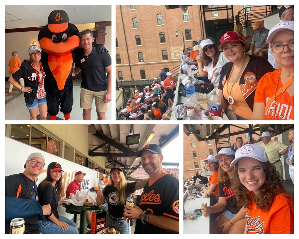 Collage of pictures from an alumni outing at an Orioles game