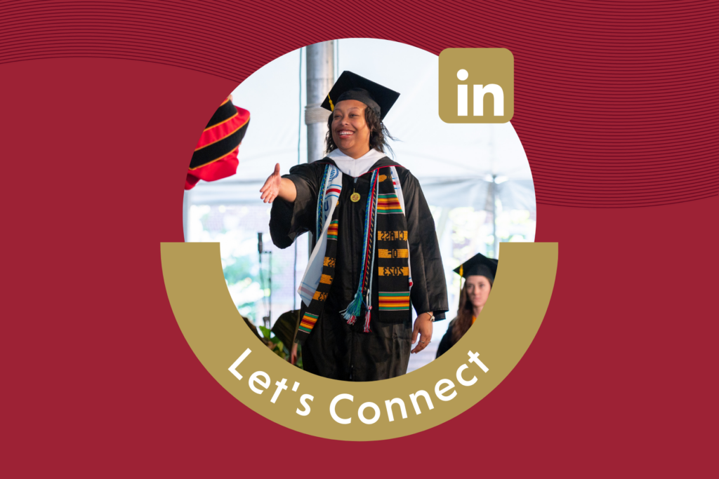 Bridgewater College graduate walking across stage with hand out for a handshake. LinkedIn logo in top right with the words Let's Connect underneath.