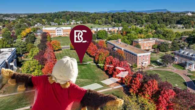 Bridgewater College mascot Ernie flying over campus with location marked with B-C logo