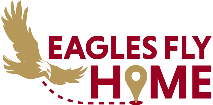 Eagles Fly Home. Illustrations of Eagle flying and the o in home replaced by a location icon