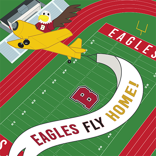 Colored coloring page for Bridgewater Homecoming Mascot Ernie flys over the athletic field in a gold plane with a Eagles Fly Home banner 