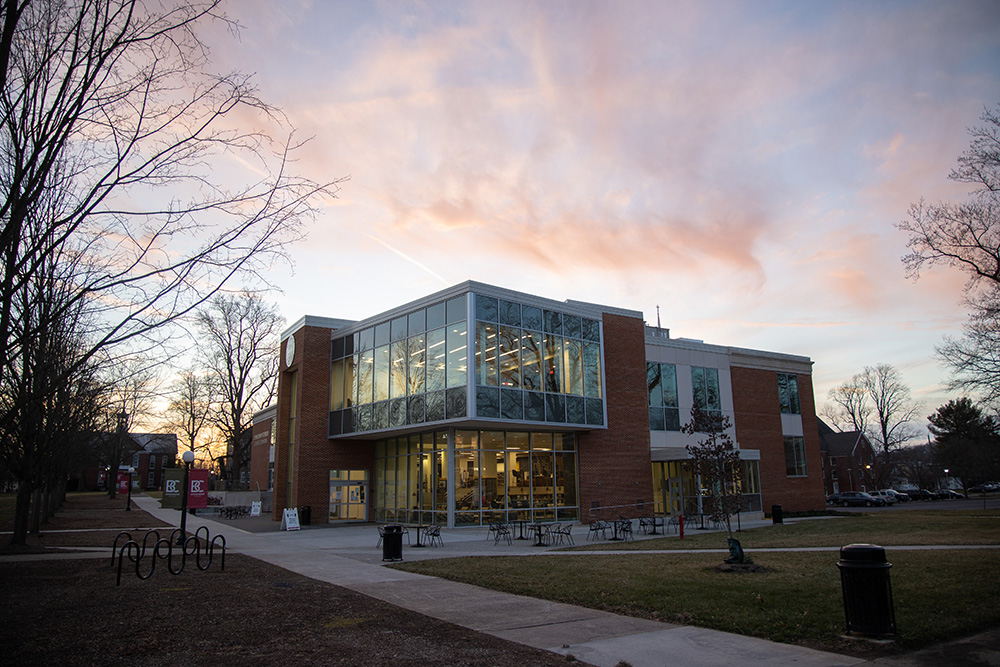 The exterior of the Forrer Learning Commons at sunset