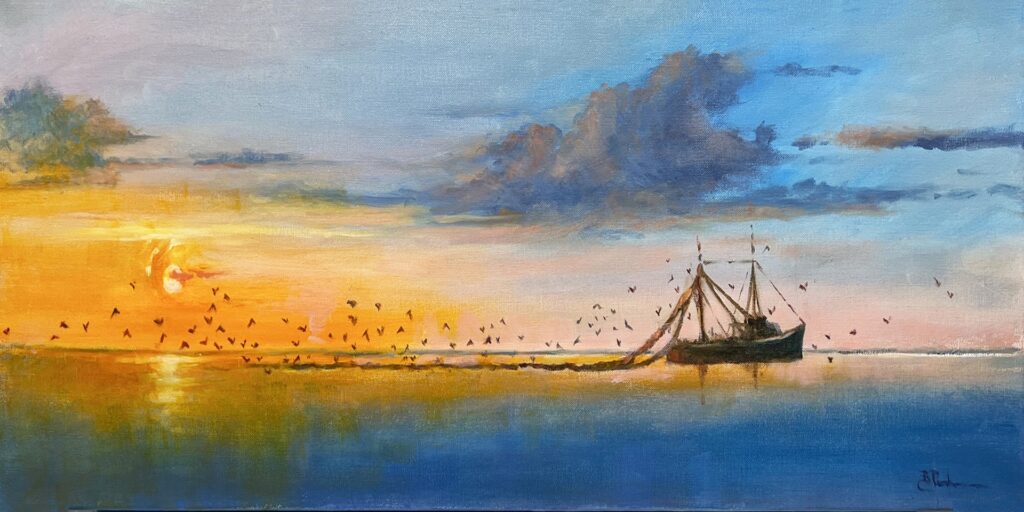 Painting of birds and a ship on the sea at sunrise