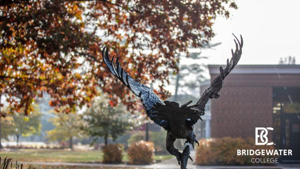 Zoom background of the back of the eagle statue in the fall. Bridgewater College logo in bottom right corner.