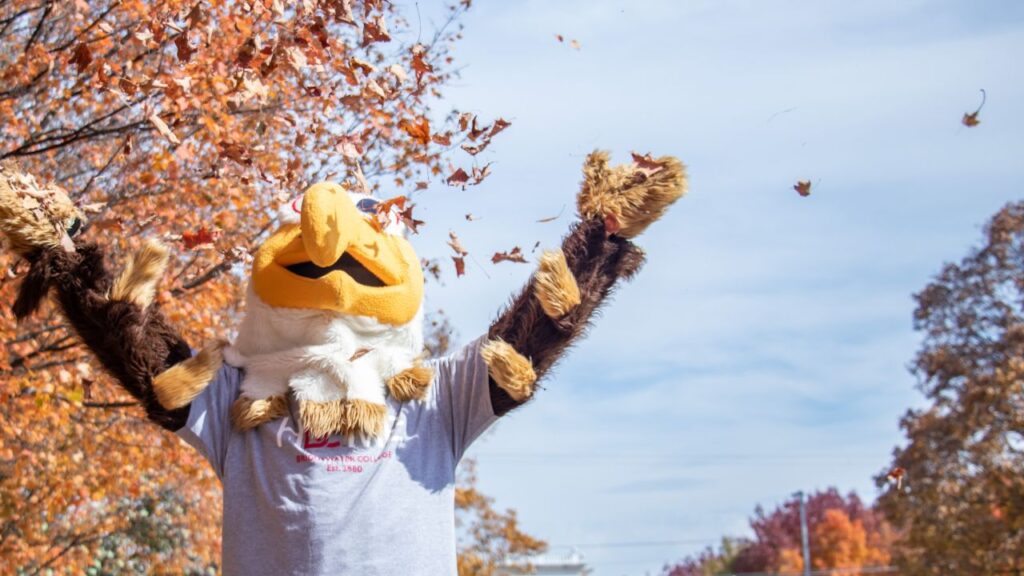 Zoom background of mascot Ernie throwing fall leaves in the air