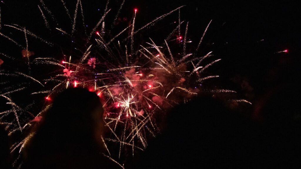 Zoom background of crimson and gold fireworks in dark night sky