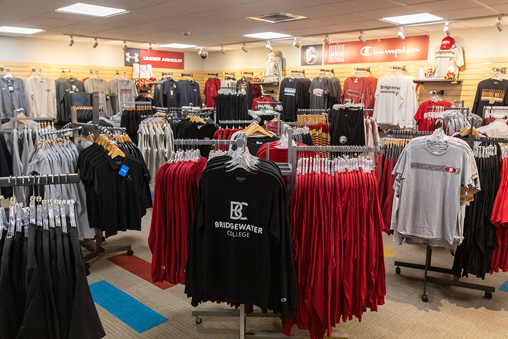 Racks of t-shirts in Bridgewater College campus store