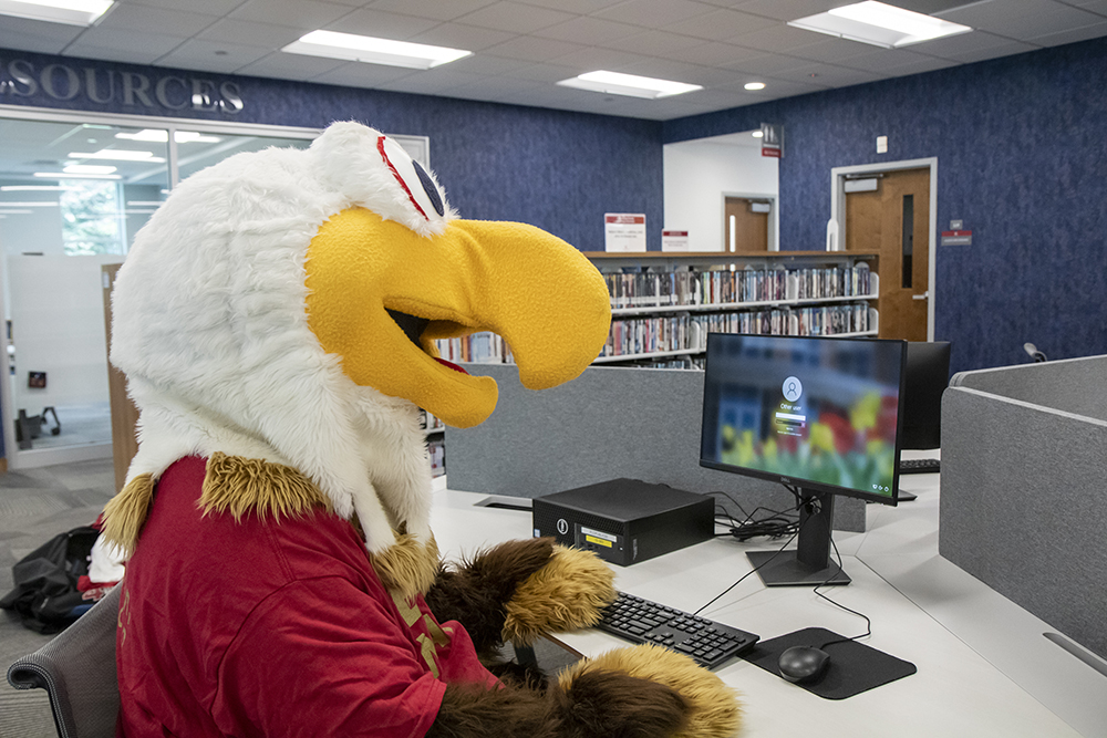 College Eagle Mascot Ernie working on a desktop computer