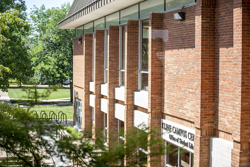 Outside of Kline Campus Center in the summer