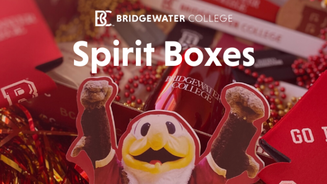 Bridgewater College logo. Spirit Boxes. Paper Ernie mascot among pile of spirit items