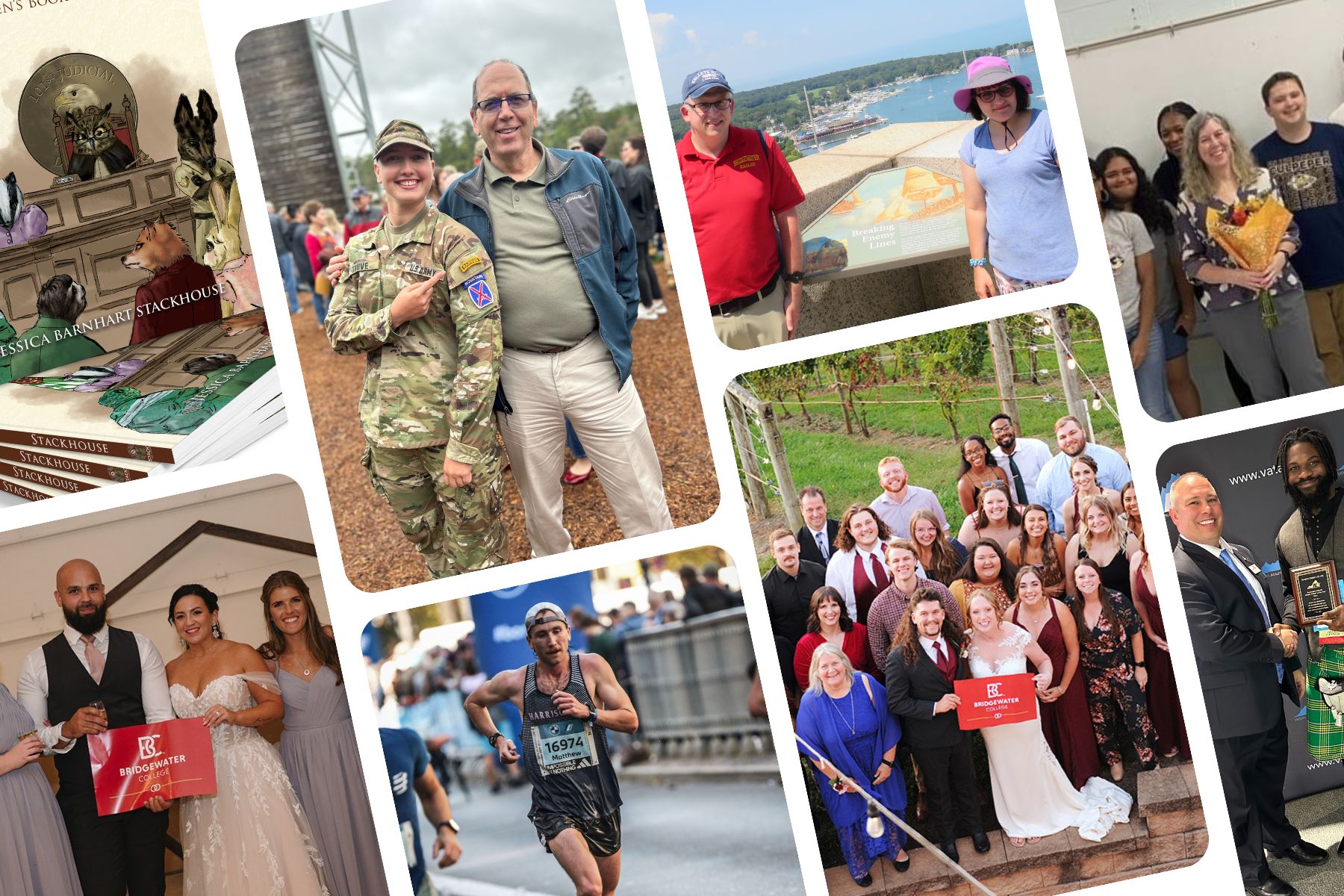 Collage of images from Bridgewater College alumni for class notes. includes images from weddings, running a marathon, and career successes. 