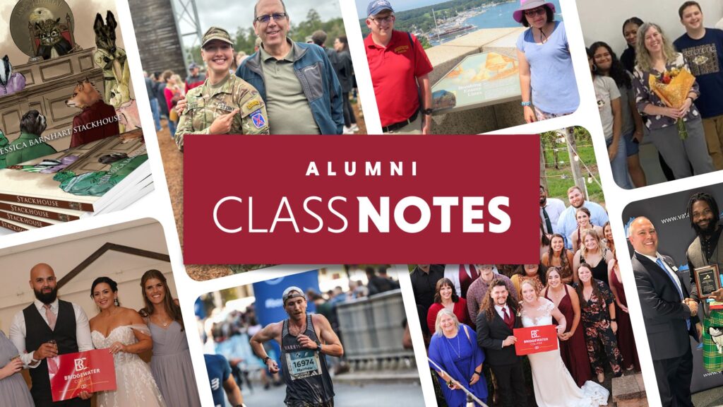 Crimson banner that says Alumni Class Notes with collage of images from Bridgewater College alumni for class notes. Includes images from weddings, running a marathon, and career successes.