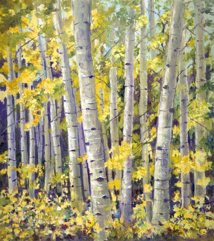 Painting of a forest of trees with yellow leaves