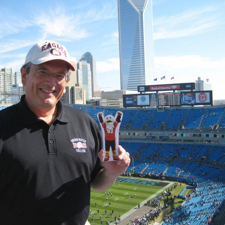 Man holding Flat Ernie at Carolina Panthers Bank of America Stadium