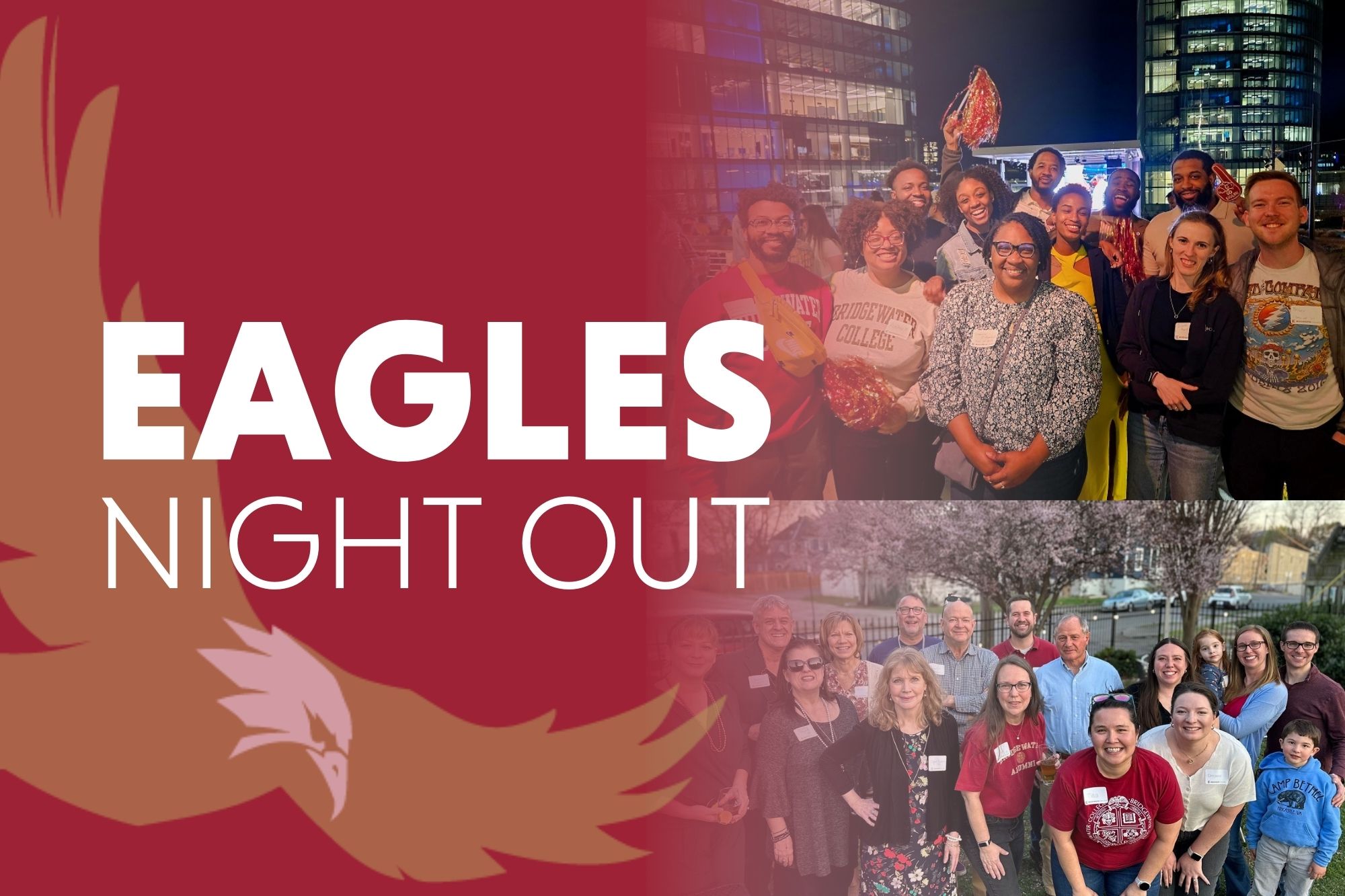 Eagles Night Out. Graphic of gold eagle faded on red background. Photos of groups at last year's Eagles Night Out.