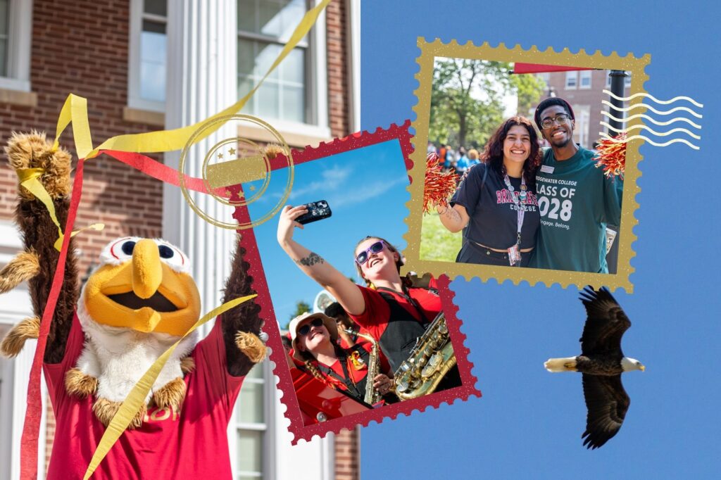 Collage of images with postcard theme. Ernie throwing streamers. Band members taking a selfie. Two students smiling for the camera. Bald eagle flying with a blue sky background. 