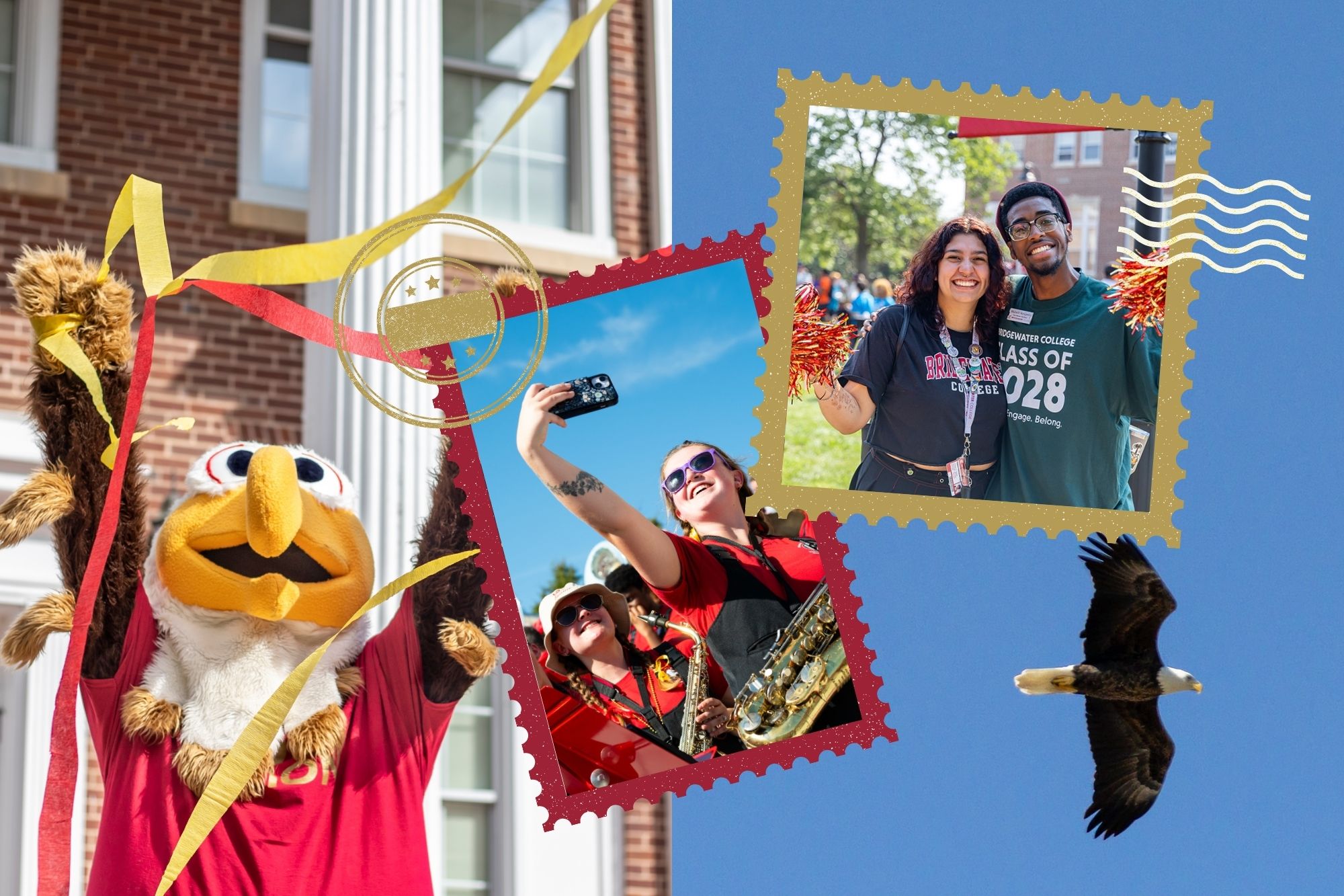 Collage of images with postcard theme. Ernie throwing streamers. Band members taking a selfie. Two students smiling for the camera. Bald eagle flying with a blue sky background.