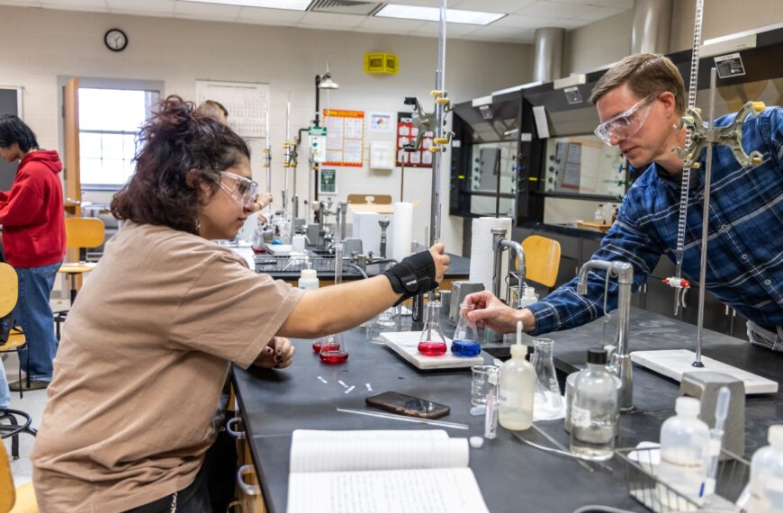 Professor and student in lab