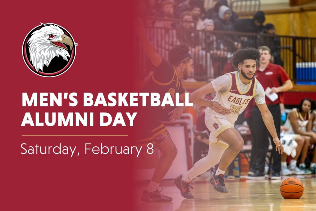 Bridgewater College Eagle athletic logo. 'Men's Basketball Alumni Day. Saturday, February 8' in white text over crimson background on the left side. Fades into picture of men's basketball player on the court