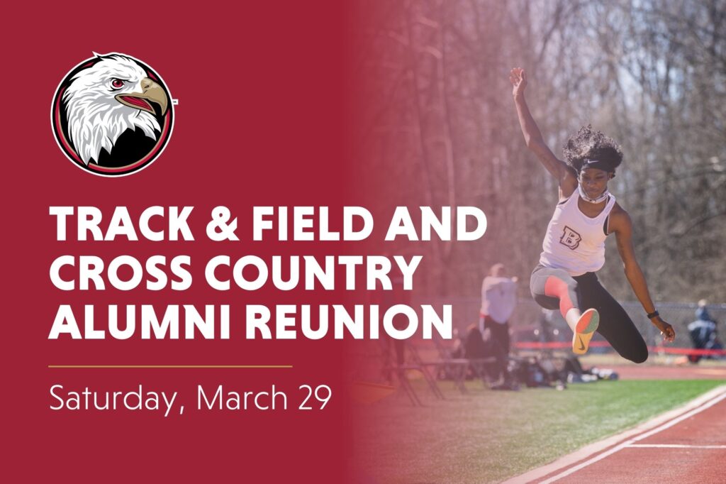 Bridgewater College Eagle athletic logo. 'Track and Field and Cross Country Alumni Reunion. Saturday, March 29' in white text over crimson background on the left side. Fades into picture of a long jumper