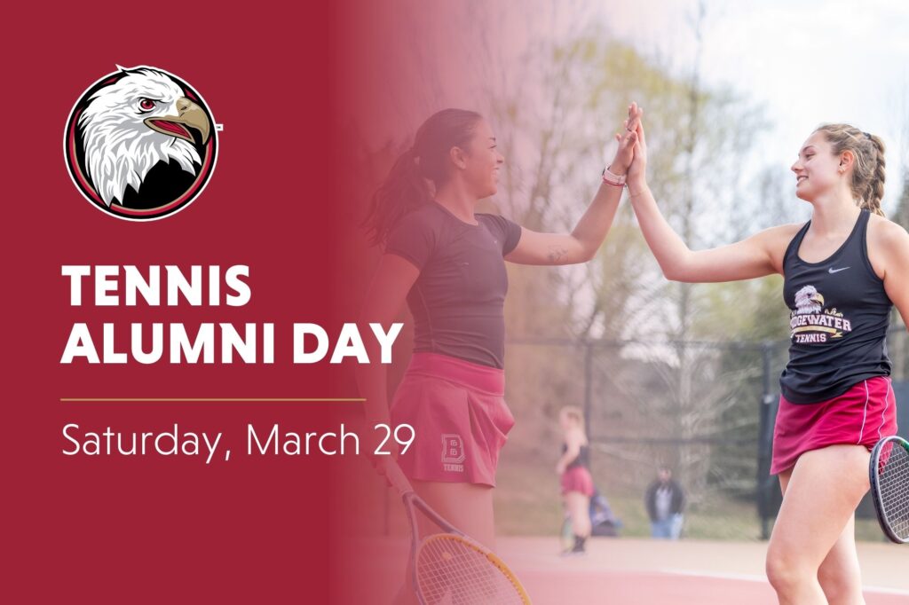 Tennis Alumni Day. Saturday, March 29. Crimson overlay with two tennis players high fiving in the background