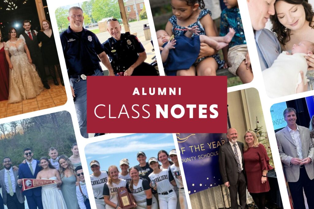 Crimson rectangle with white text "Alumni Class Notes" Collage of images from Bridgewater College alumni for class notes. includes images from weddings, police officers with a dog, families with babies and career successes.