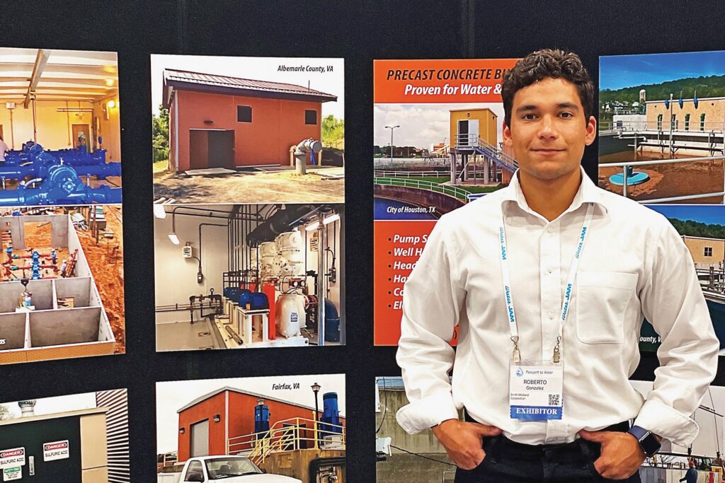 Young Alum Roberto Gonzalez represents Smith Midland Corporation displaying examples of pre-cast concrete projects