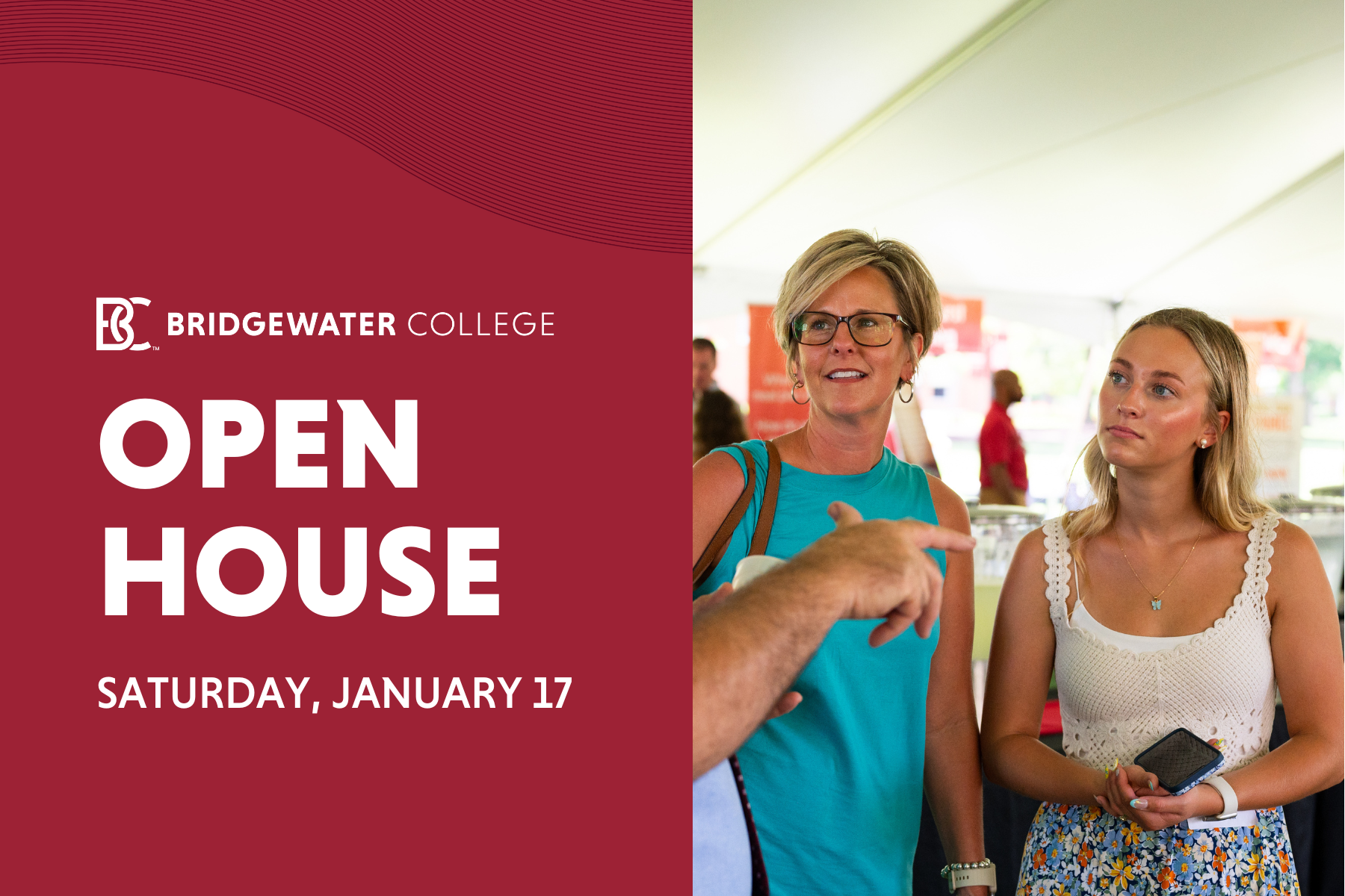 Bridgewater College. Open House. Saturday, January 17. Female student and mother listening intently.