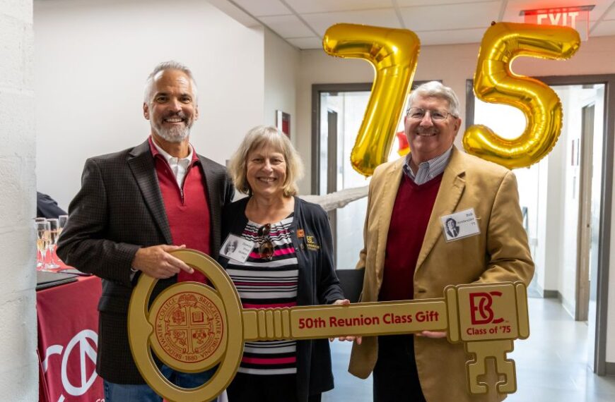 BC President David Bushman with Class of 1975 alumni Donna Walker and Robert Armbruster.